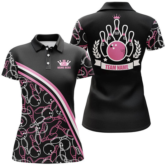 Personalisierte Bowling-Poloshirts für Damen, personalisierter Name, pinkfarbenes Bowlingmuster, Team-Shirts NQS4867