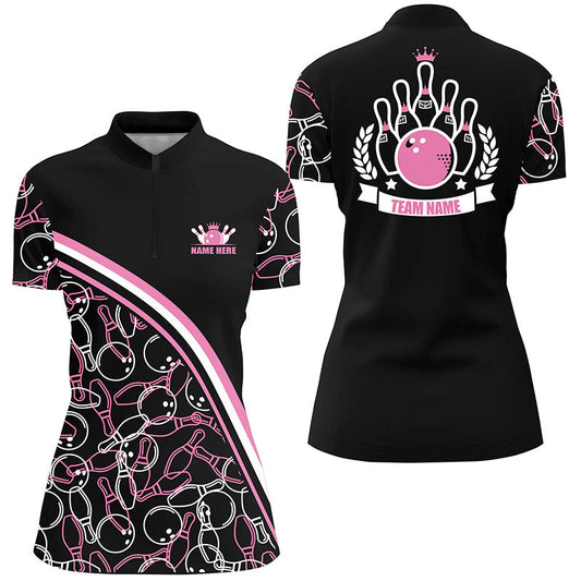Personalisierte Bowlinghemden mit Viertelreißverschluss für Damen, personalisiertes pinkfarbenes Bowlingmuster, Team-Shirts NQS4867