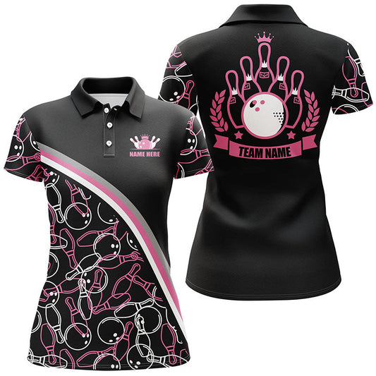 Personalisierte Bowling-Poloshirts für Damen, maßgeschneidertes pinkfarbenes Bowlingmuster, Bowling-Teamtrikots NQS5441