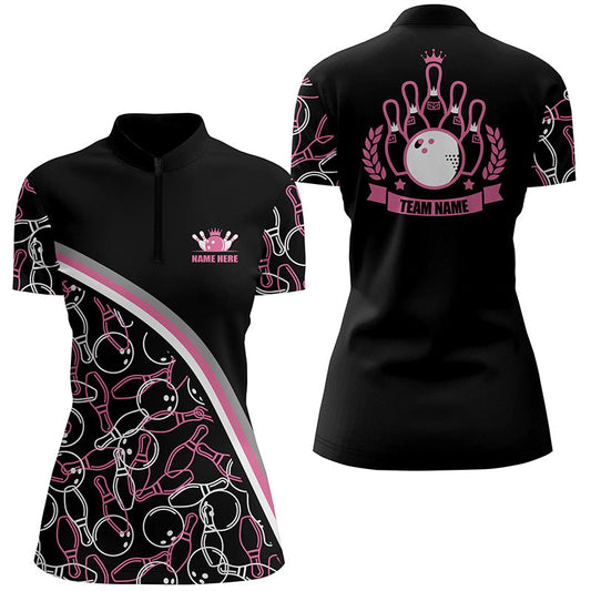 Personalisierte Bowling-Quarter-Zip-Shirts für Damen Benutzerdefinierter Name, pinkes Bowling-Muster, Team-Shirts NQS5441