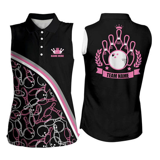 Personalisierte ärmellose Bowling-Poloshirts für Damen Benutzerdefiniertes pinkes Bowling-Muster, Team-Shirts NQS5441