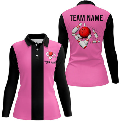 Personalisierte Pink-Schwarze Retro-Bowling-Poloshirts für Damen – Individuelle Vintage-Bowling-Team-Trikots NQS6568
