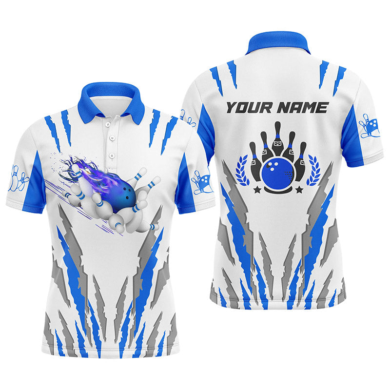 Weiße Bowling-Poloshirts für Herren, personalisierter Name, Flammen-Bowlingkugel und Pins, Bowlingtrikots | Blau NQS4901