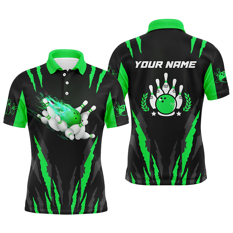 Bowling-Poloshirts für Männer, personalisierter Name, Flammen-Bowlingkugel und Pins, Bowling-Trikots | Grün NQS4541
