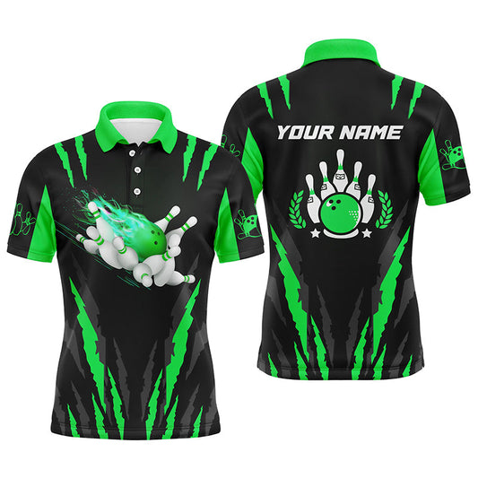 Bowling-Poloshirts für Männer, personalisierter Name, Flammen-Bowlingkugel und Pins, Bowling-Trikots | Grün NQS4541