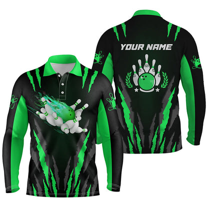 Bowling-Poloshirts für Männer, personalisierter Name, Flammen-Bowlingkugel und Pins, Bowling-Trikots | Grün NQS4541