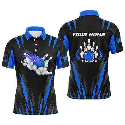 Bowling-Poloshirts für Männer, personalisierter Name, Flammen-Bowlingkugel und Pins, Bowling-Trikots | Blau NQS4542