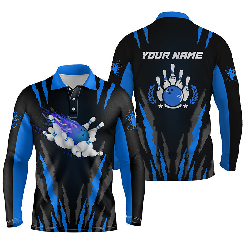Bowling-Poloshirts für Männer, personalisierter Name, Flammen-Bowlingkugel und Pins, Bowling-Trikots | Blau NQS4542