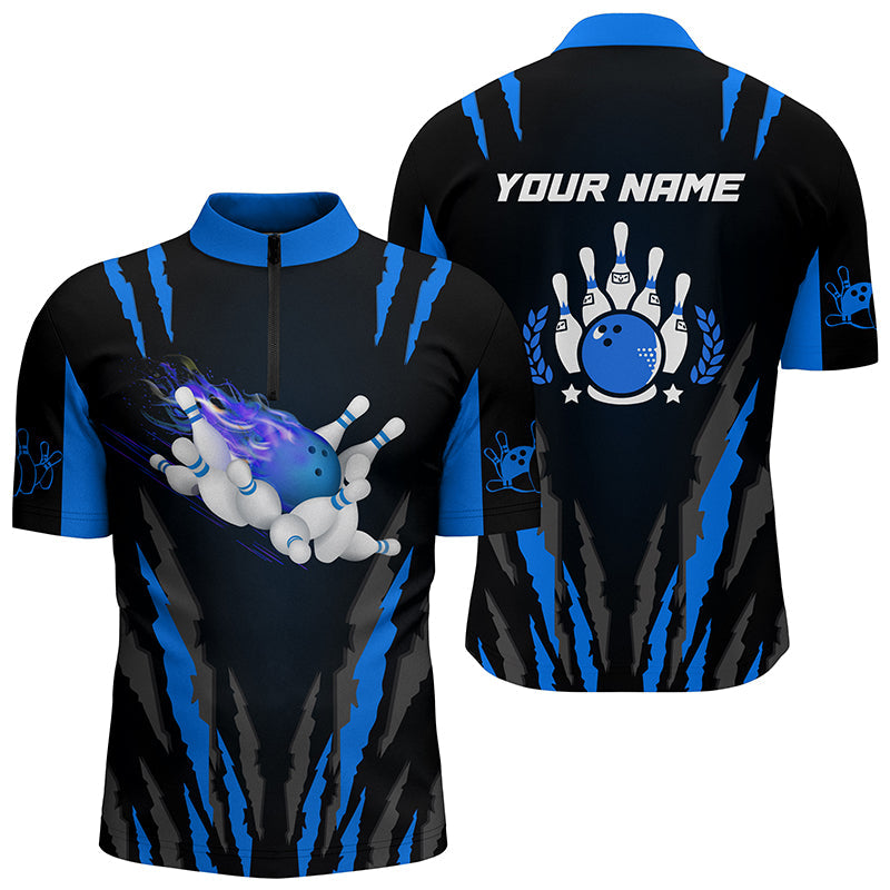 Bowling-Hemden mit Viertelreißverschluss für Männer, personalisierter Name, Flammen-Bowlingkugel und Pins, Bowling-Trikots | Blau NQS4542