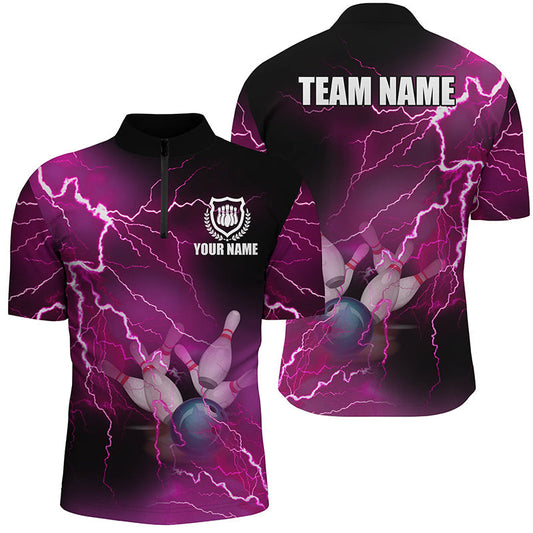 Herren-Bowling-Quarter-Zip-Shirts – Individuelle pinke Blitz-Bowling-Team-Trikots, Geschenk für Bowler NQS6379