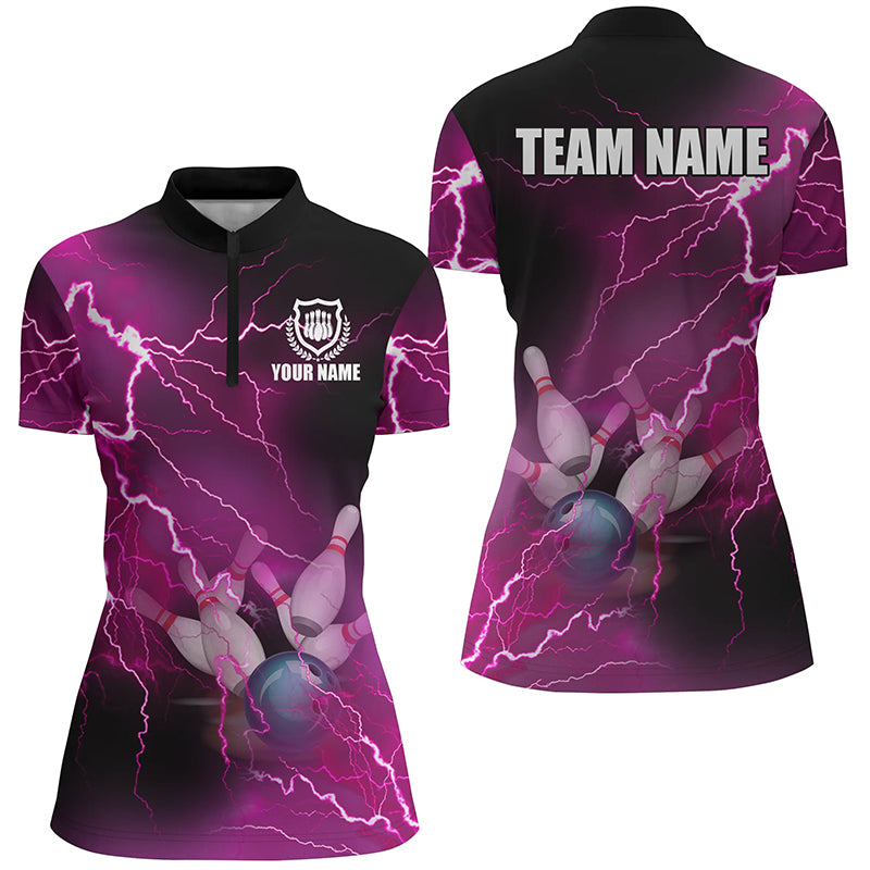 Damen-Bowling-Quarter-Zip-Shirts – Individuelle pinke Blitz-Bowling-Team-Trikots, Geschenk für Bowler NQS6379