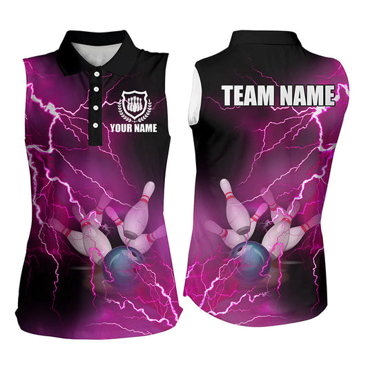 Damen-Ärmellose Bowling-Poloshirts – Individuelle pinke Blitz-Bowling-Team-Trikots NQS6379