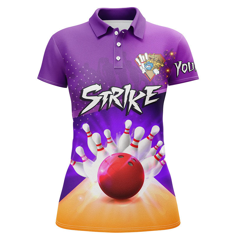 Damen-Bowling-Poloshirt – Individuelle Bowlingkugel und Pins, Lila Team-Bowler-Trikots NQS5948