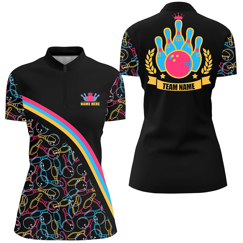 Personalisierte Bowlinghemden mit Viertelreißverschluss für Damen, personalisierter Name, Pinkfarbendes Bowling-Muster, Team-Hemden NQS4564