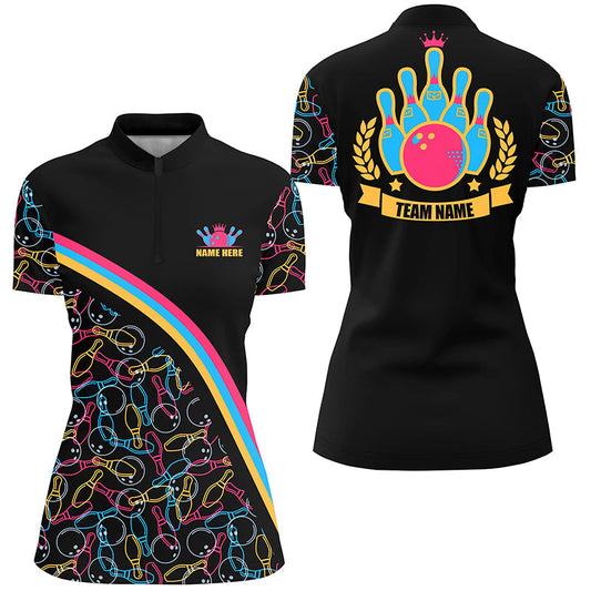Personalisierte Bowlinghemden mit Viertelreißverschluss für Damen, personalisierter Name, Pinkfarbendes Bowling-Muster, Team-Hemden NQS4564