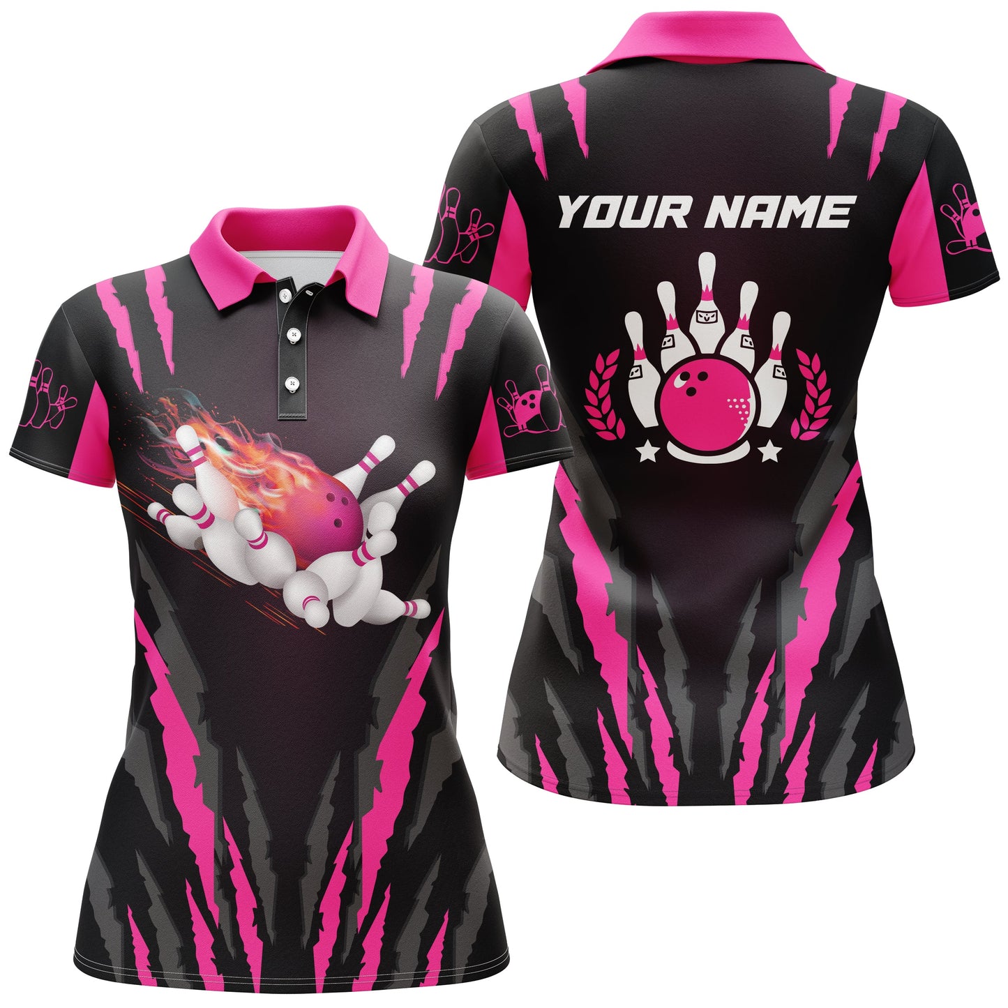 Damen-Bowling-Poloshirts mit individuellem Flammen-Design, Bowlingkugel & Pins, Bowling-Trikots, Bowling-Geschenke | Pink NQS5494