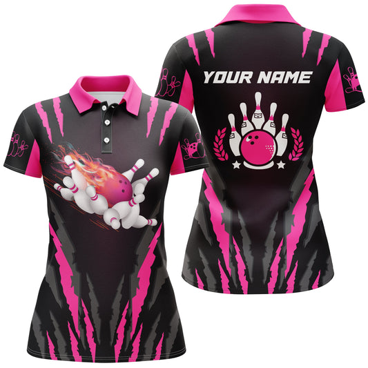 Damen-Bowling-Poloshirts mit individuellem Flammen-Design, Bowlingkugel & Pins, Bowling-Trikots, Bowling-Geschenke | Pink NQS5494