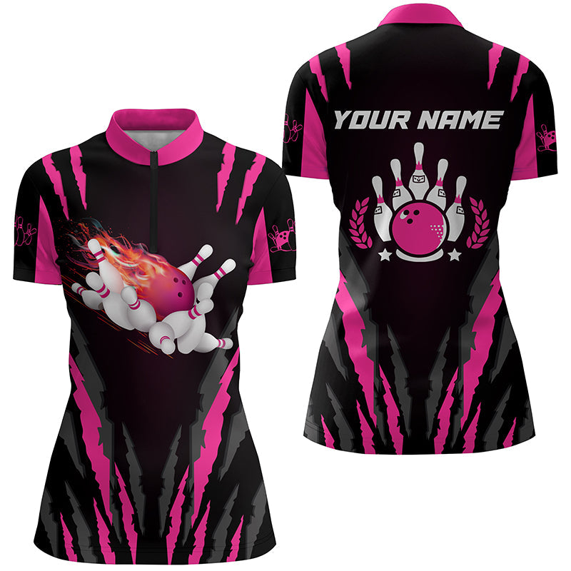 Damen-Bowling-Quarter-Zip-Shirts mit individuellem Flammen-Design, Bowlingkugel & Pins, Bowling-Trikots, Bowling-Geschenke | Pink NQS5494