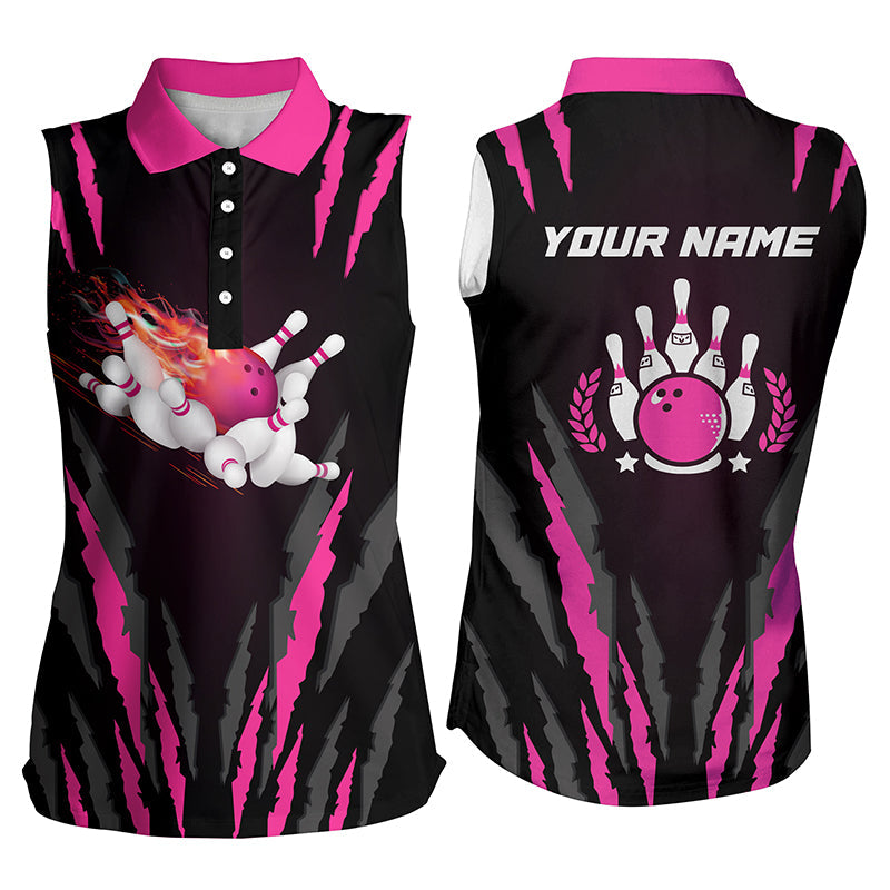 Ärmellose Damen-Bowling-Poloshirts mit individuellem Flammen-Design, Bowlingkugel & Pins, Bowling-Trikots | Pink NQS5494