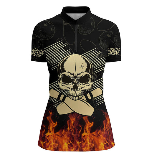 Damen-Bowlinghemd mit Viertelreißverschluss, personalisierter Name, Schädel mit Flammen-Bowlingpins, personalisierte Bowling-Trikots NQS4400