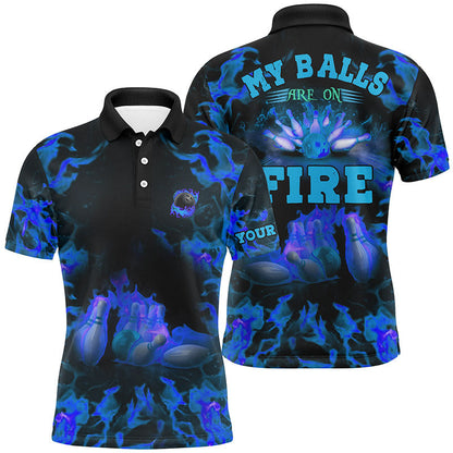 Blaue Flammen-Bowling-Shirts – Individueller Name „My balls are on fire“ Bowling-Poloshirts für Herren, Bowling-Trikots NQS6457