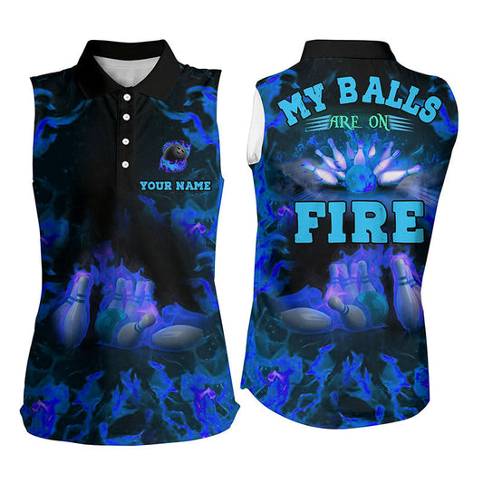 Blaue Flammen-Bowling-Shirts – „My balls are on fire“ Ärmellose Bowling-Poloshirts, Bowling-Trikot NQS6457