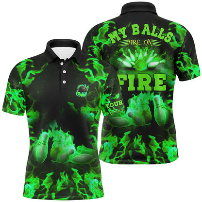 Grüne Flammen-Bowling-Shirts – „My balls are on fire“ Bowling-Poloshirts für Herren, Bowling-Trikots NQS6458