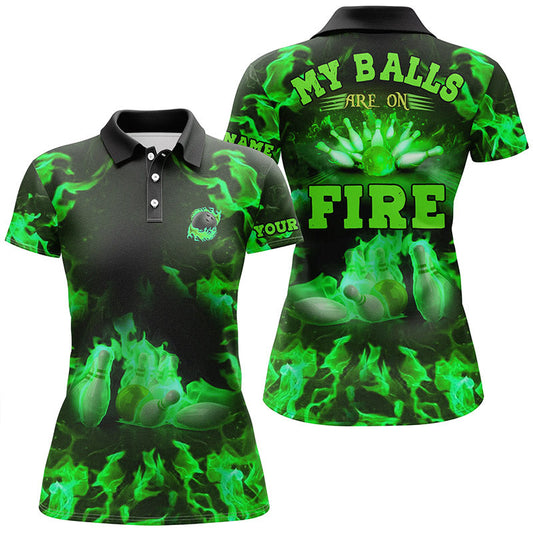 Grüne Flammen-Bowling-Shirts – „My balls are on fire“ Bowling-Poloshirts für Damen, Bowling-Trikot NQS6458