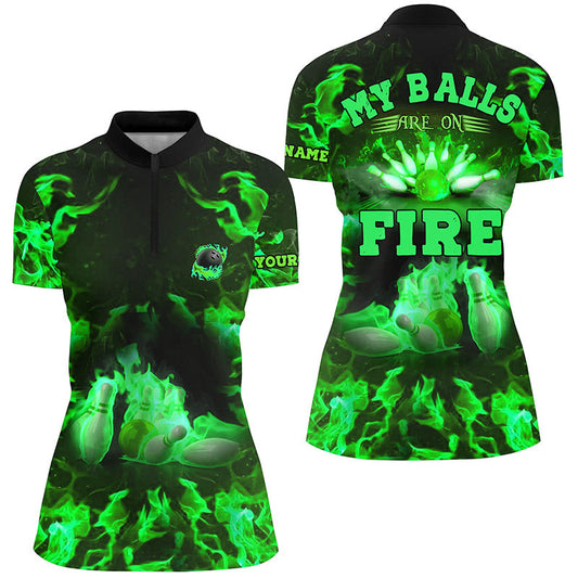 Grüne Flammen-Bowling-Shirts – „My balls are on fire“ Bowling-Quarter-Zip-Shirts für Damen, Bowling-Trikot NQS6458