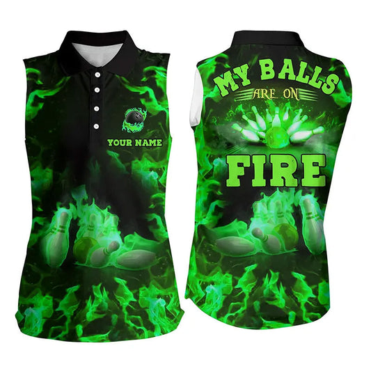 Grüne Flammen-Bowling-Shirts – „My balls are on fire“ Ärmellose Bowling-Poloshirts, Bowling-Trikot NQS6458