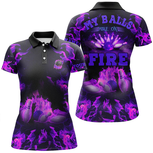 Lila Flammen-Bowling-Shirts – „My balls are on fire“ Bowling-Poloshirts für Damen, Bowling-Trikot NQS6459