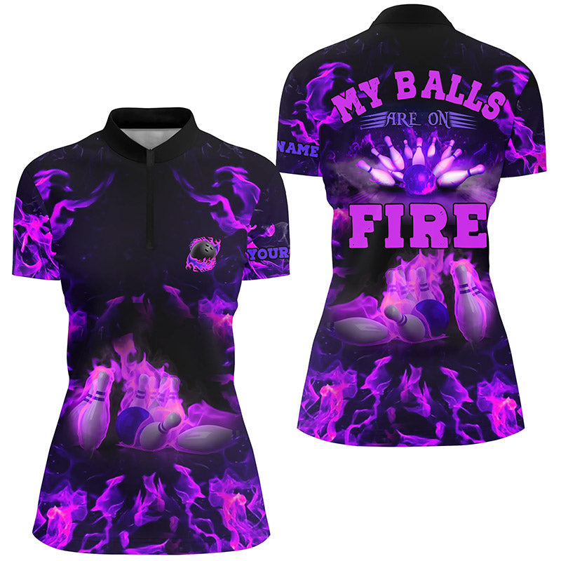 Lila Flammen-Bowling-Shirts – „My balls are on fire“ Bowling-Quarter-Zip-Shirts für Damen, Bowling-Trikot NQS6459