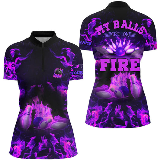 Lila Flammen-Bowling-Shirts – „My balls are on fire“ Bowling-Quarter-Zip-Shirts für Damen, Bowling-Trikot NQS6459