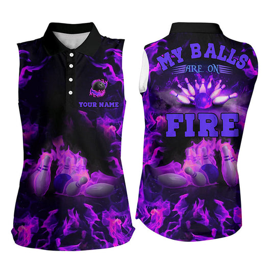 Lila Flammen-Bowling-Shirts – „My balls are on fire“ Ärmellose Bowling-Poloshirts, Bowling-Trikot NQS6459
