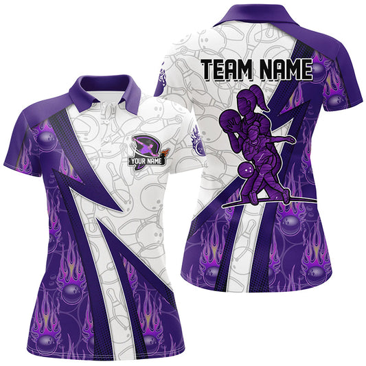 Individuelles Bowling-Poloshirt für Damen – Lila Flammen-Tarnmuster Bowling-Trikot, Bowling-Team-Shirt NQS6462