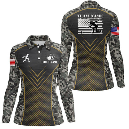 Damen-Bowling-Poloshirts – Individuelle Grün Camo American Flag Team-Liga-Trikots für Damen NQS6702