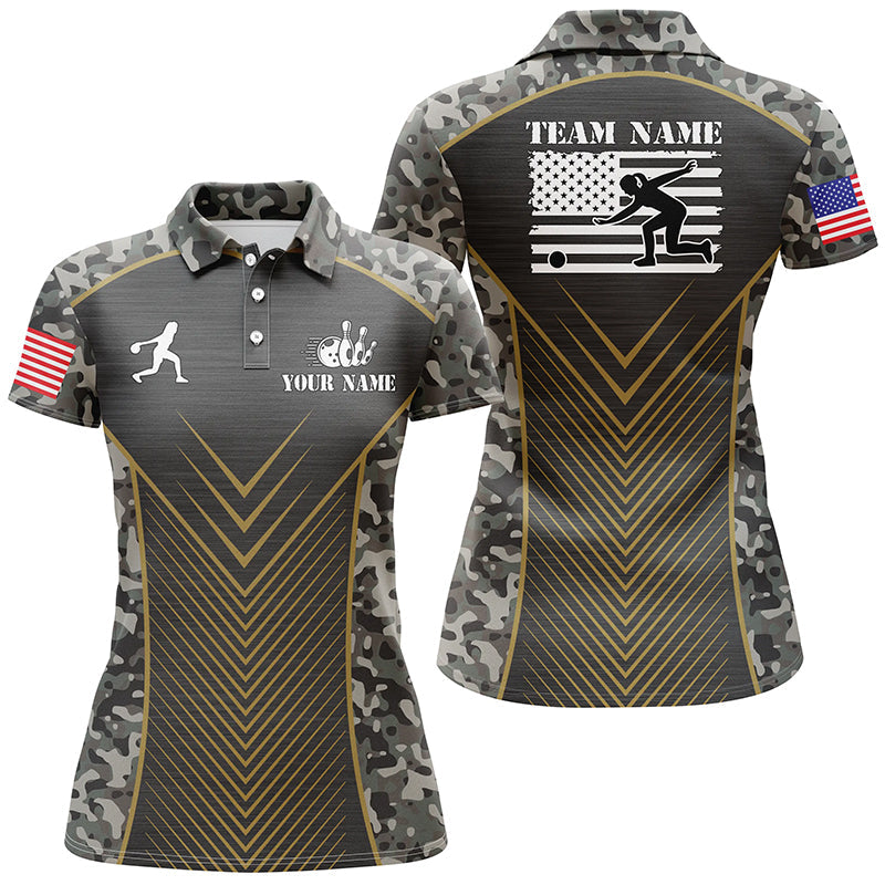 Damen-Bowling-Poloshirts – Individuelle Grün Camo American Flag Team-Liga-Trikots für Damen NQS6702