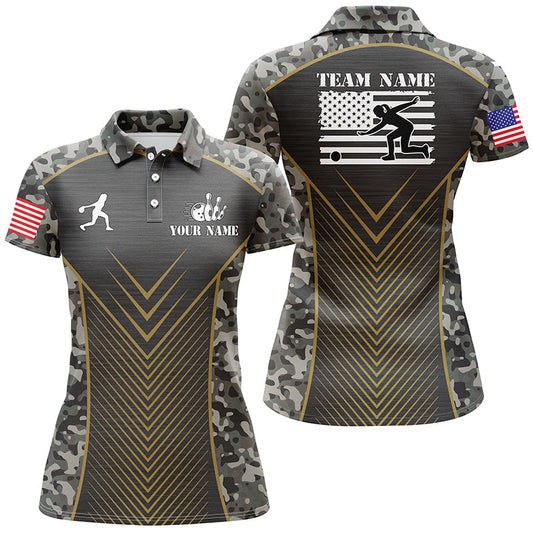 Damen-Bowling-Poloshirts – Individuelle Grün Camo American Flag Team-Liga-Trikots für Damen NQS6702