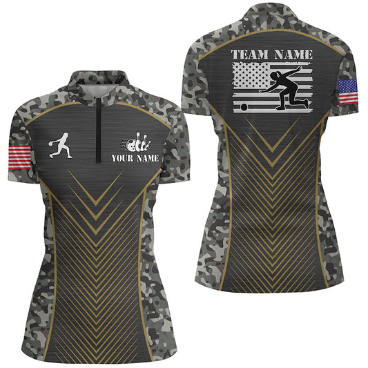 Damen-Bowling-Quarter-Zip-Shirts – Individuelle Grün Camo American Flag Team-Trikots NQS6702
