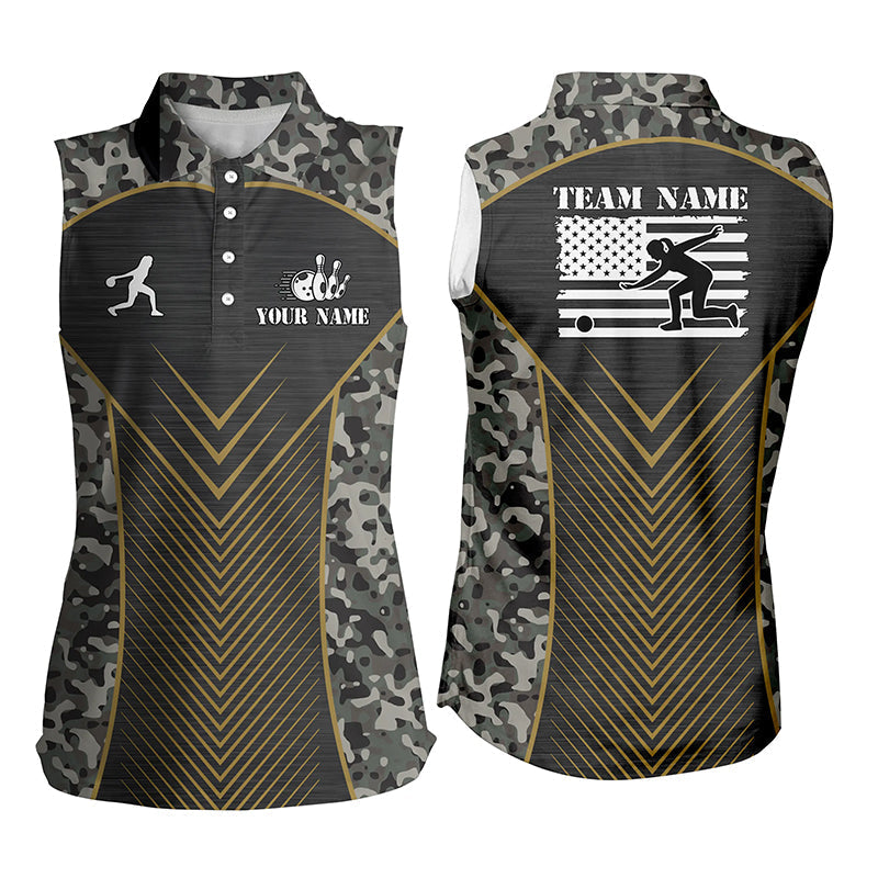 Damen-Ärmellose Bowling-Poloshirts – Individuelle Grün Camo American Flag Team-Trikots NQS6702