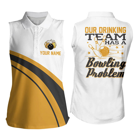Lustige Gelbe Retro-Bier-Bowling-Ärmellose Poloshirts Custom My drinking team has a bowling problem NQS6755