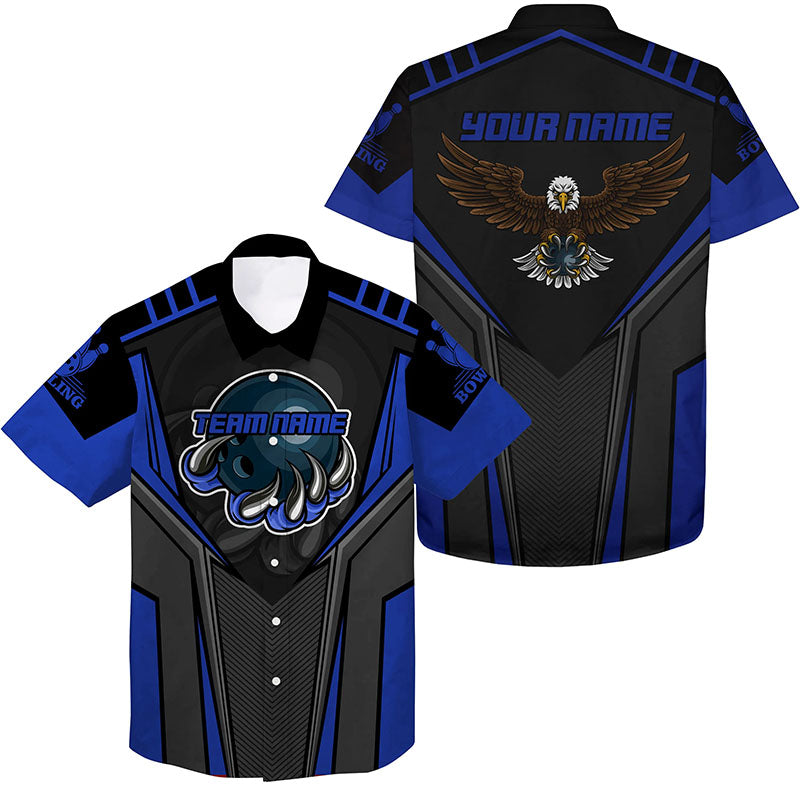 Benutzerdefinierter Name und Teamname Bowling-Hawaiihemd für Herren, Adler Herren-Bowling-Teamshirts | Blau NQS4631