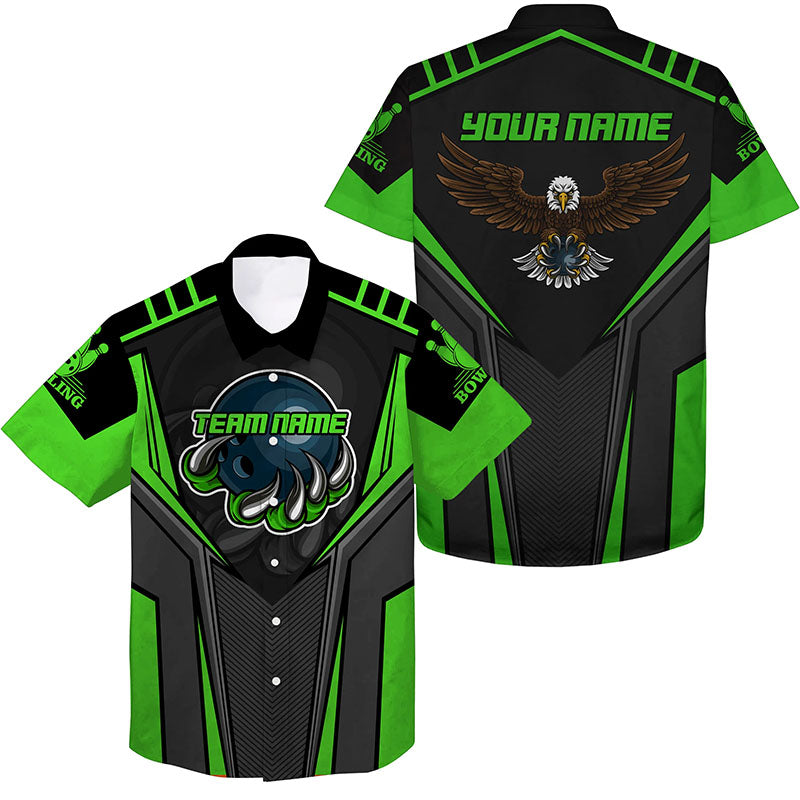 Benutzerdefinierter Name und Teamname Bowling-Hawaiihemd für Herren, Adler Herren-Bowling-Teamshirts | Grün NQS4631