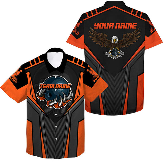 Benutzerdefinierter Name und Teamname Bowling-Hawaii-Hemd für Herren, Adler Herren-Bowling-Teamshirts | Orange NQS4631