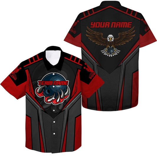 Benutzerdefinierter Name und Teamname Bowling-Hawaii-Hemd für Herren, Adler Herren-Bowling-Teamshirts | Rot NQS4631