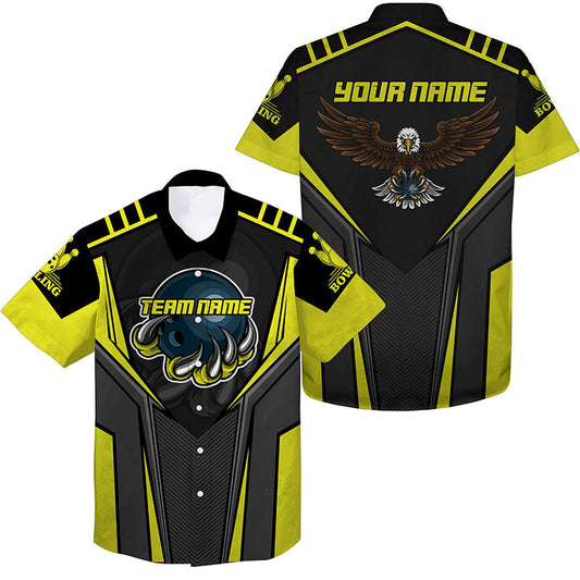 Benutzerdefinierter Name und Teamname Bowling-Hawaii-Hemd für Herren, Adler Herren-Bowling-Teamshirts | Gelb NQS4631