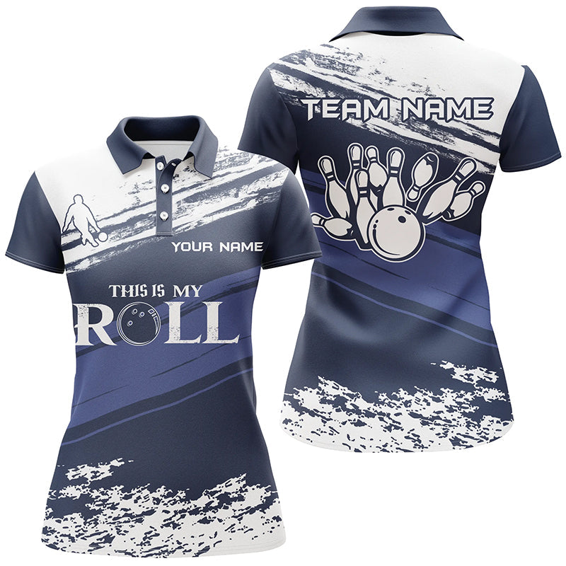 Damen-Bowling-Poloshirt – Individueller Name, marineblau-weißes Team-Bowler-Trikot „This is my roll“ NQS5869