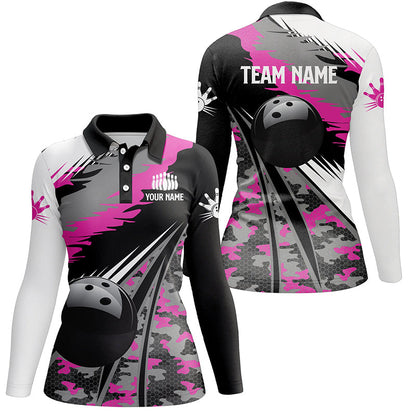 Damen-Bowling-Poloshirts, personalisierte schwarze Bowlingkugel mit pinkfarbenem Camo-Muster, Bowling-Teamtrikot, Geschenk für Bowlerinnen NQS5424