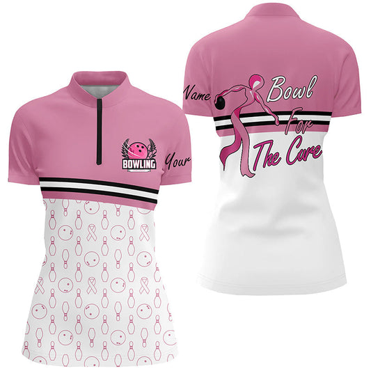 Damen-Bowling-Quarter-Zip-Shirts – „Bowl for the Cure“ Brustkrebs-Bewusstsein, Pink Ribbon Bowling-Trikot NQS6337
