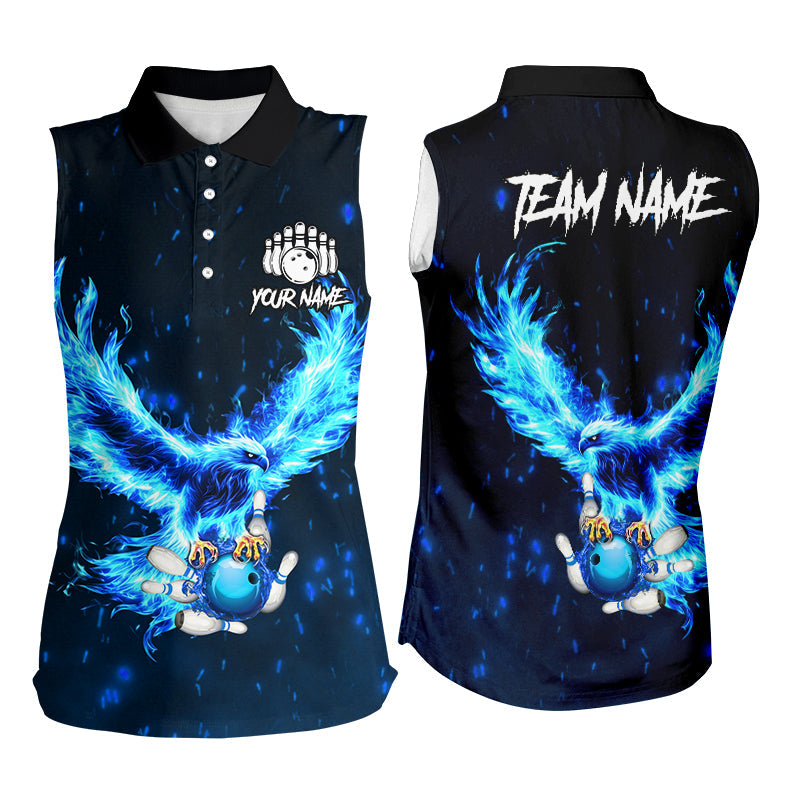 Blauer Flammenadler Maßgeschneidertes ärmelloses Bowling-Poloshirt für Damen, personalisierte Bowling-Team-Trikots NQS8906